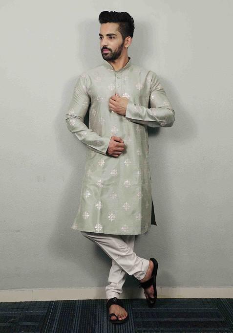 Olive Embroidered Parbon Silk Kurta Set For Men