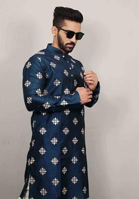 Teal Embroidered Soft Parbon Silk Kurta Set For Men