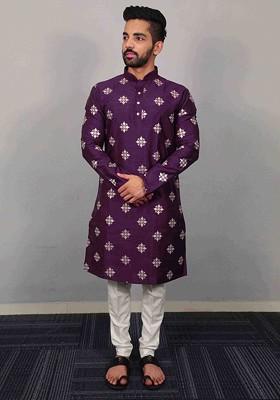 Violet Embroidered Soft Parbon Silk Kurta Set For Men