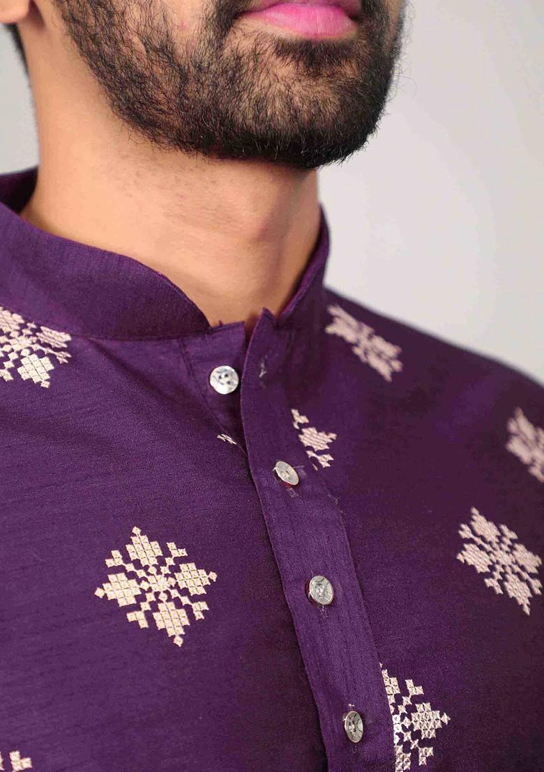 Violet Embroidered Soft Parbon Silk Kurta Set For Men