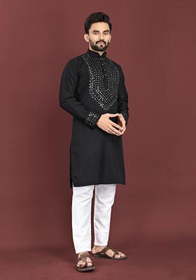 Black Embroidered Soft Silk Kurta Set For Men