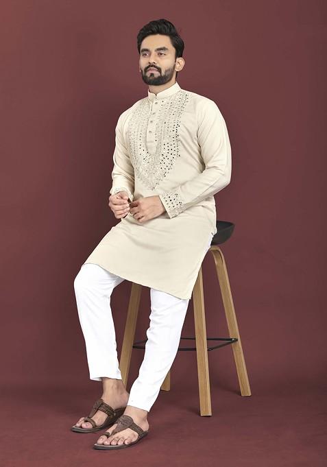 Cream Embroidered Soft Silk Kurta Set For Men