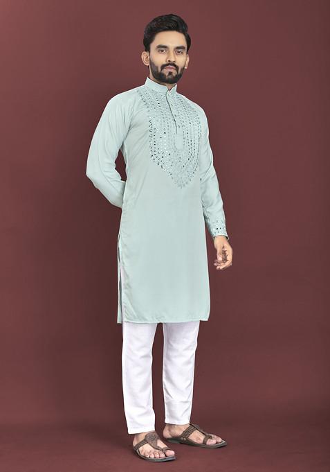 Light Blue Embroidered Soft Silk Kurta Set For Men