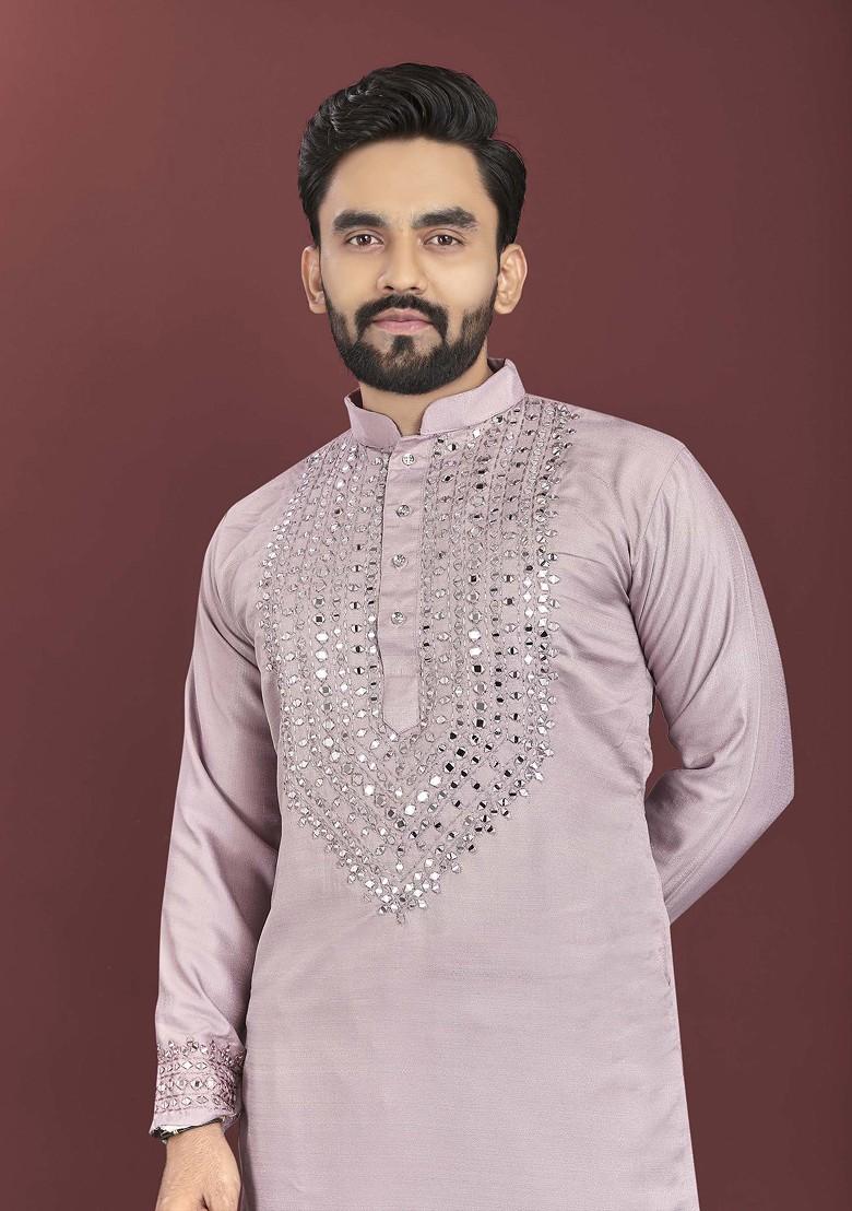 Purple Embroidered Soft Silk Kurta Set For Men