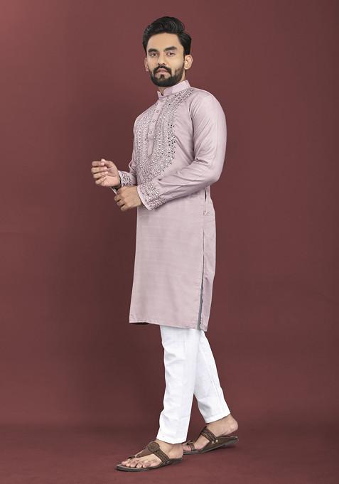 Purple Embroidered Soft Silk Kurta Set For Men