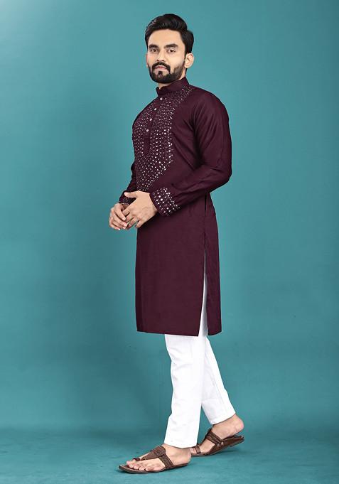 Wine Embroidered Soft Silk Kurta Set For Men