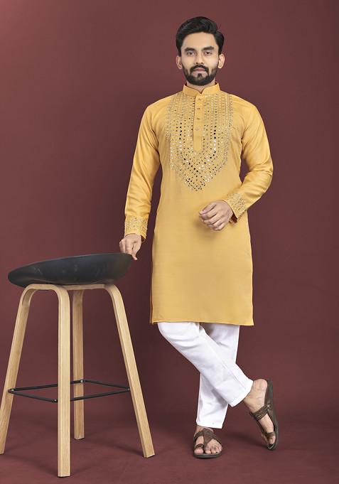 Yellow Embroidered Soft Silk Kurta Set For Men