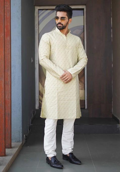 Beige Embroidered Soft Jacquard Silk Kurta Set For Men