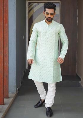 Light Blue Embroidered Soft Jacquard Silk Kurta Set For Men