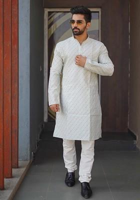 Light Grey Embroidered Soft Jacquard Silk Kurta Set For Men