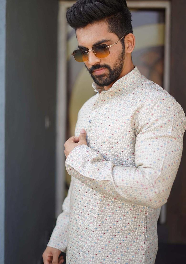 Mauve Embroidered Soft Jacquard Silk Kurta Set For Men