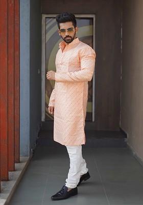 Peach Embroidered Soft Jacquard Silk Kurta Set For Men