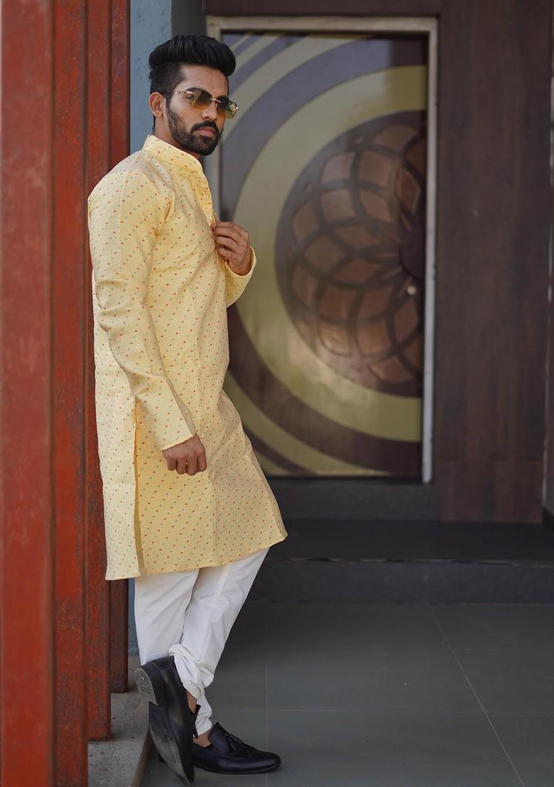 Yellow Embroidered Soft Jacquard Silk Kurta Set For Men