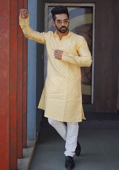 Yellow Embroidered Soft Jacquard Silk Kurta Set For Men