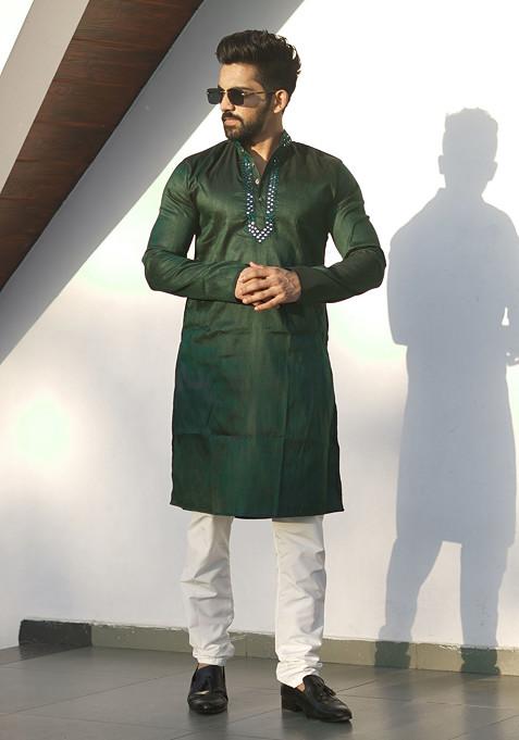 Green Embroidered Heavy Silk Kurta Set For Men