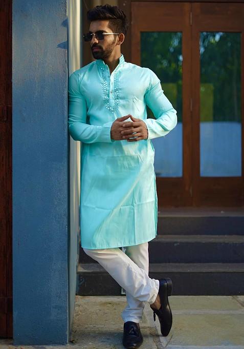 Light Blue Embroidered Heavy Silk Kurta Set For Men