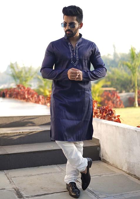 Navy Blue Embroidered Heavy Silk Kurta Set For Men