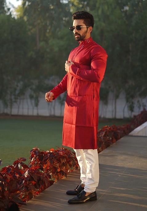 Red Embroidered Heavy Silk Kurta Set For Men