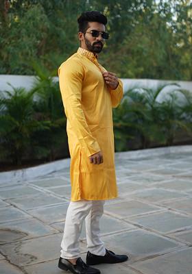 Yellow Embroidered Heavy Silk Kurta Set For Men