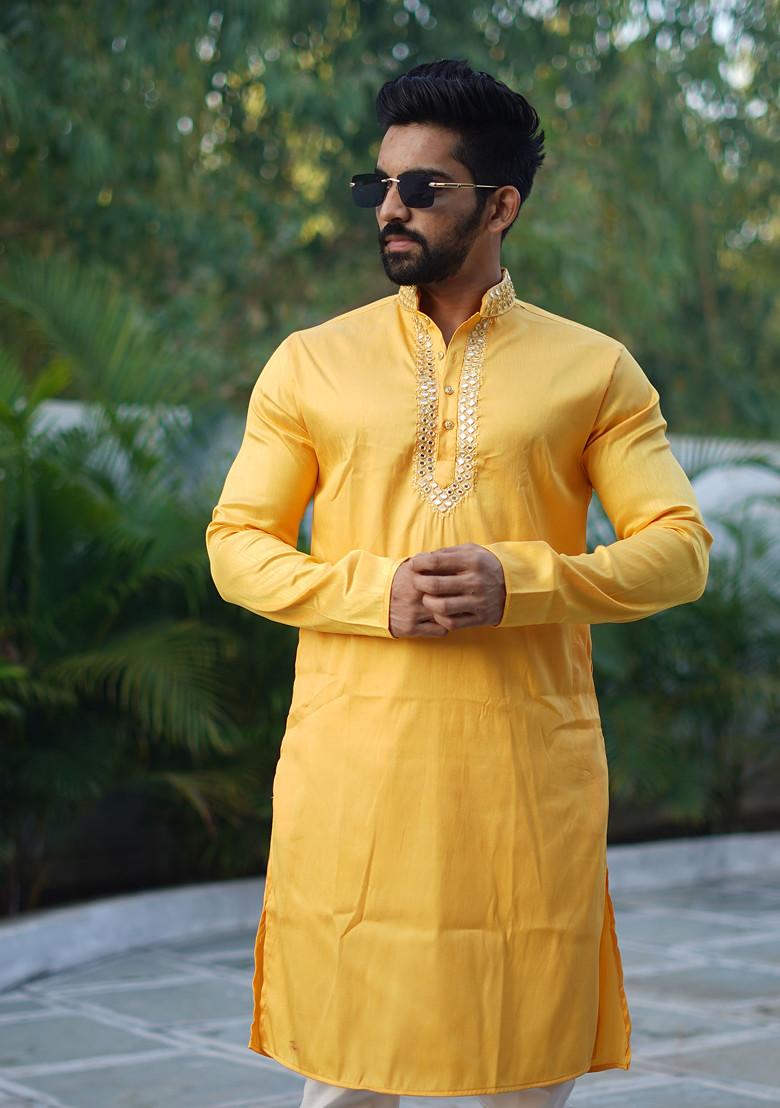 Yellow Embroidered Heavy Silk Kurta Set For Men