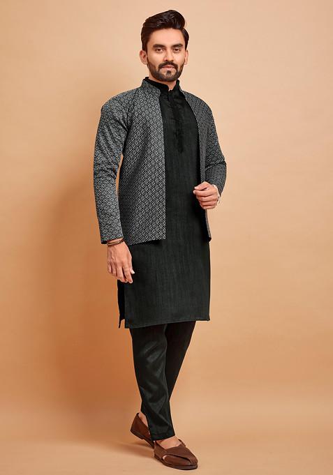 Black Embroidered Parbon Silk Kurta Set For Men