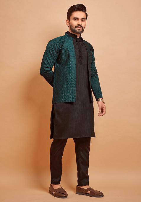 Brown Embroidered Parbon Silk Kurta Set For Men