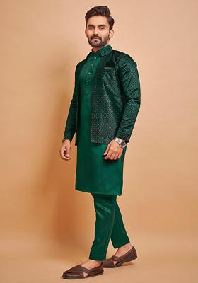 Green Embroidered Parbon Silk Kurta Set For Men