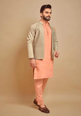 Peach Embroidered Parbon Silk Kurta Set For Men