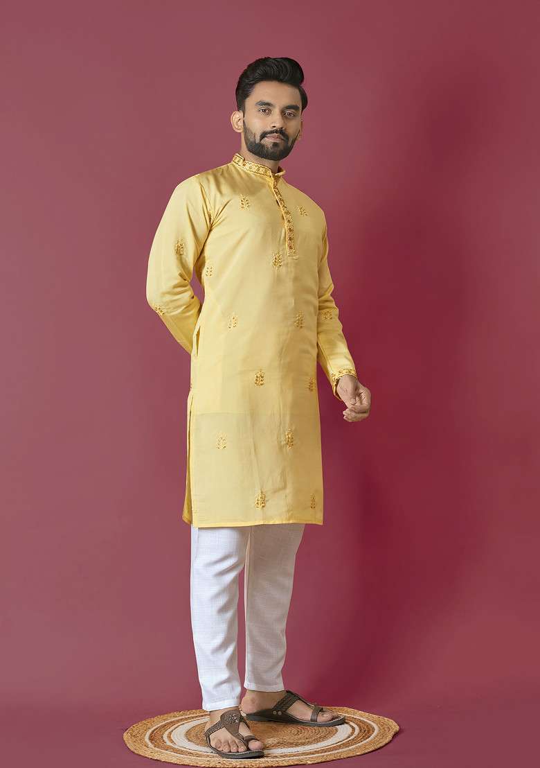 Yellow Embroidered Roman Silk Blend Kurta Set For Men - Indya