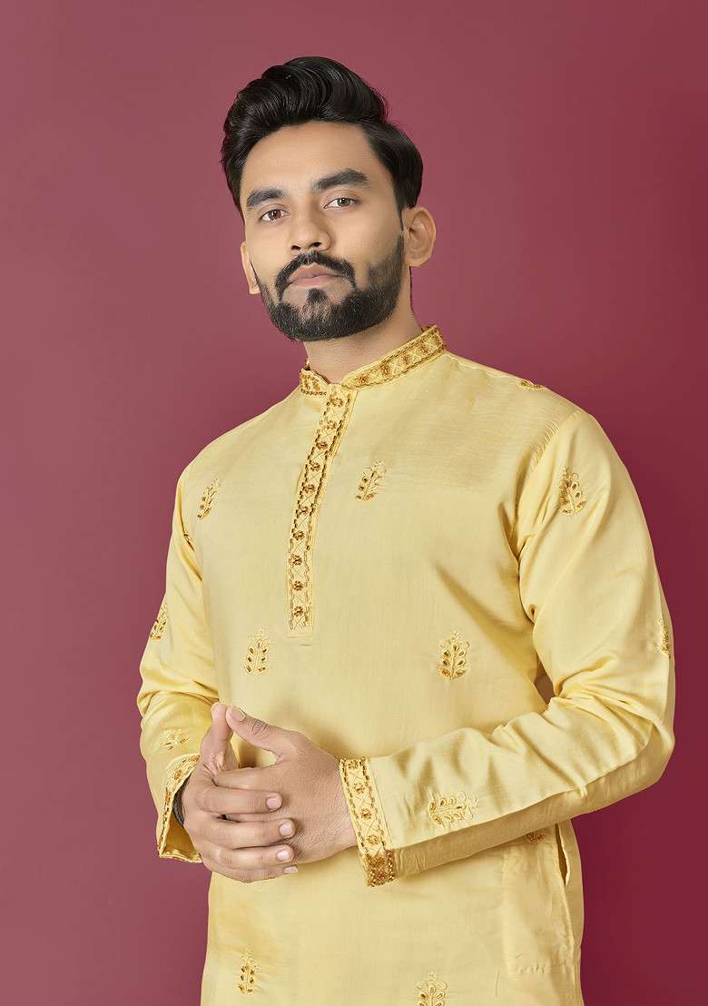 Yellow Embroidered Roman Silk Blend Kurta Set For Men - Indya
