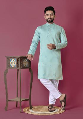 Blue Embroidered Roman Silk Kurta Set For Men