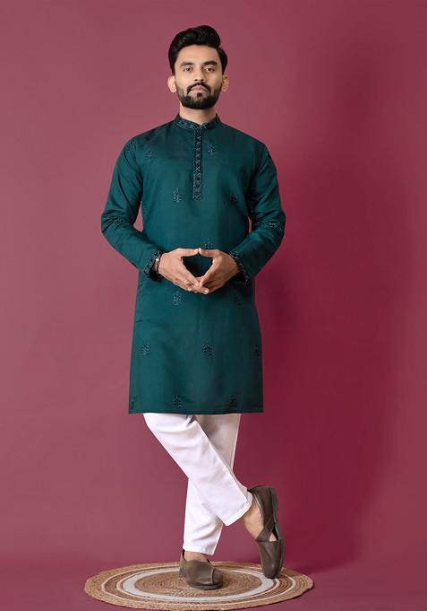 Teal Embroidered Roman Silk Kurta Set For Men