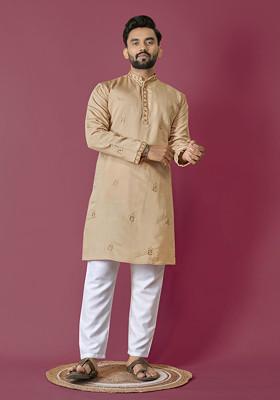 Beige Embroidered Roman Silk Kurta Set For Men