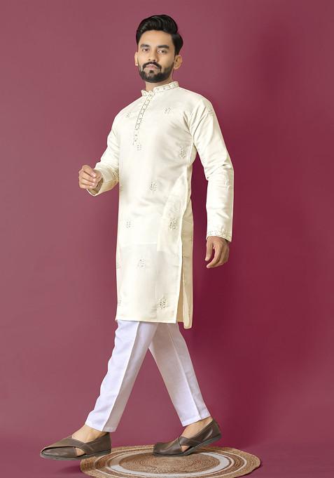 Off White Embroidered Roman Silk Kurta Set For Men