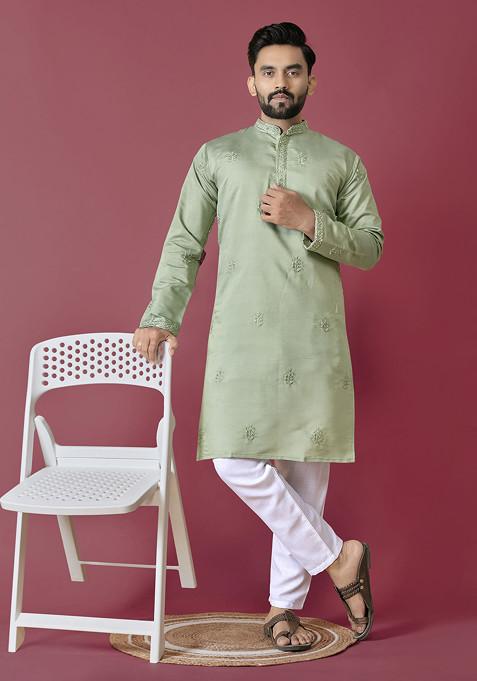 Green Embroidered Roman Silk Kurta Set For Men