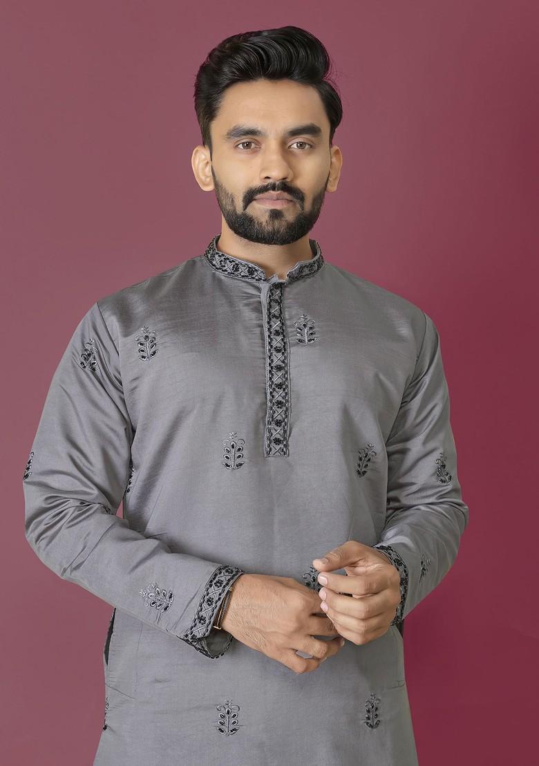 Grey Embroidered Roman Silk Kurta Set For Men