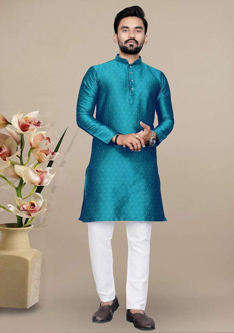 Rama Blue Embroidered Jacquard Kurta Set For Men - Indya