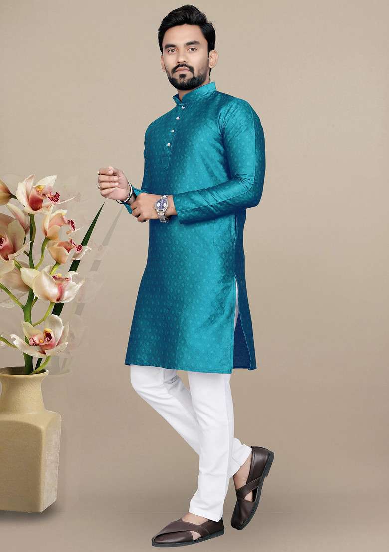 Rama Blue Embroidered Jacquard Kurta Set For Men - Indya