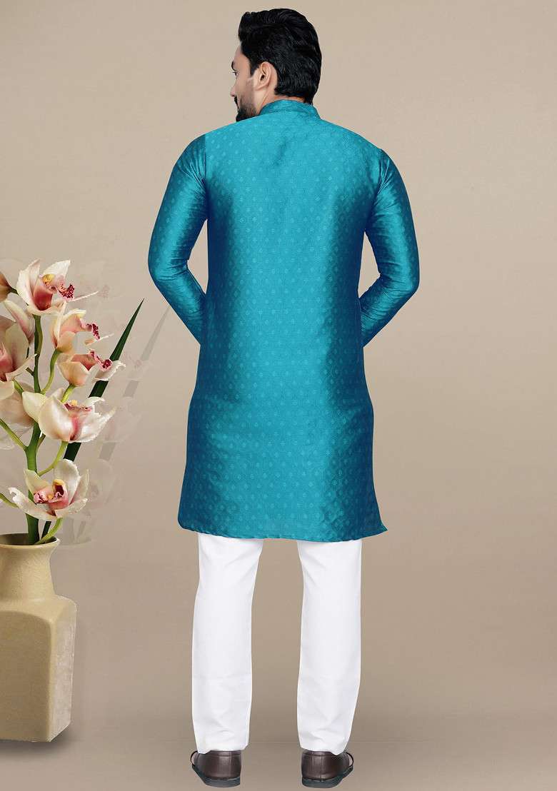 Rama Blue Embroidered Jacquard Kurta Set For Men - Indya