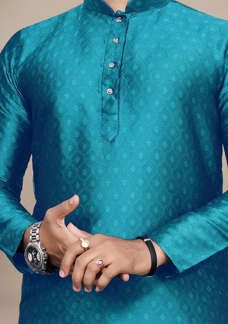 Rama Blue Embroidered Jacquard Kurta Set For Men - Indya