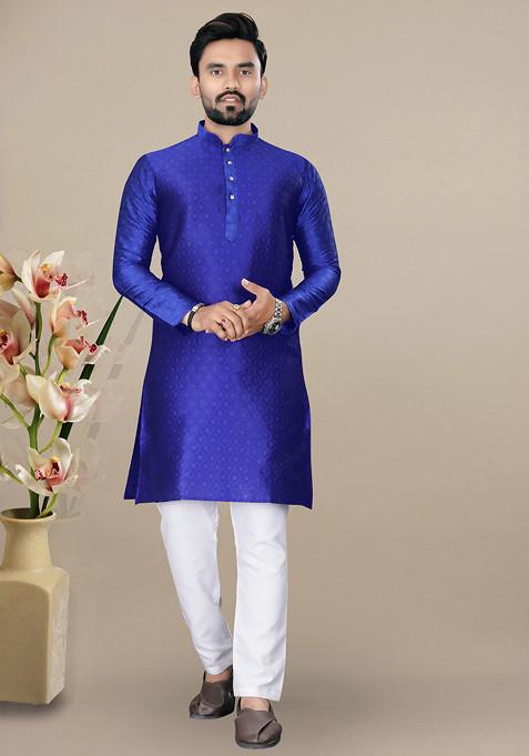 Rama Blue Embroidered Jacquard Kurta Set For Men