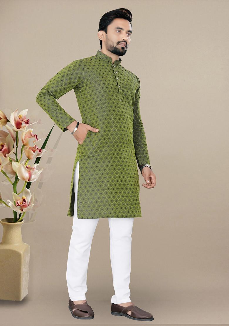 Green Embroidered Jacquard Kurta Set For Men