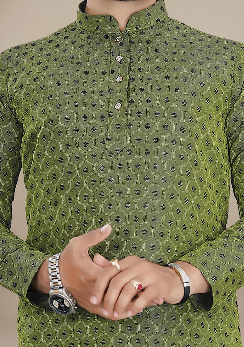 Green Embroidered Jacquard Kurta Set For Men