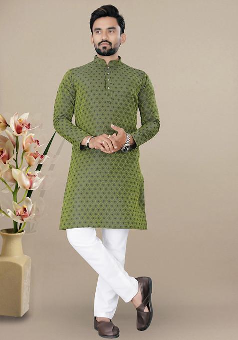 Green Embroidered Jacquard Kurta Set For Men