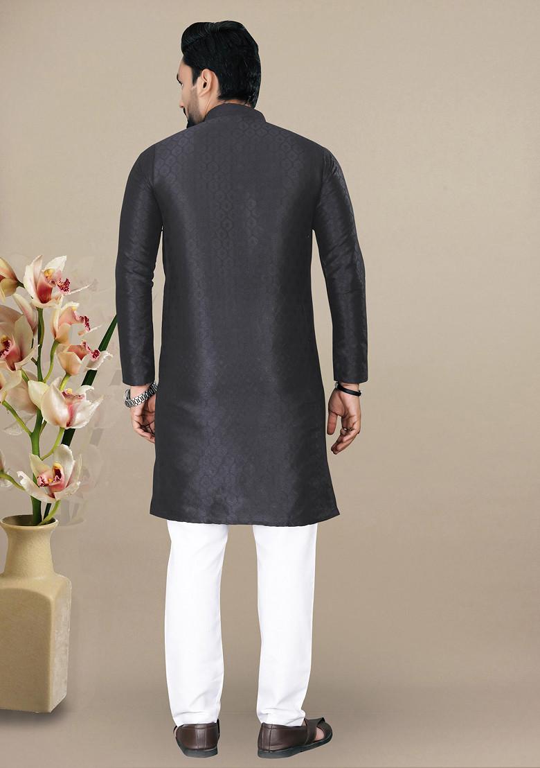 Black Embroidered Jacquard Kurta Set For Men