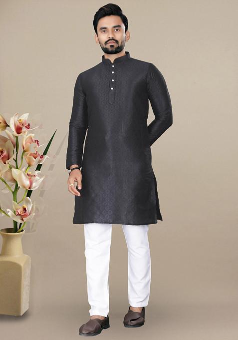 Black Embroidered Jacquard Kurta Set For Men