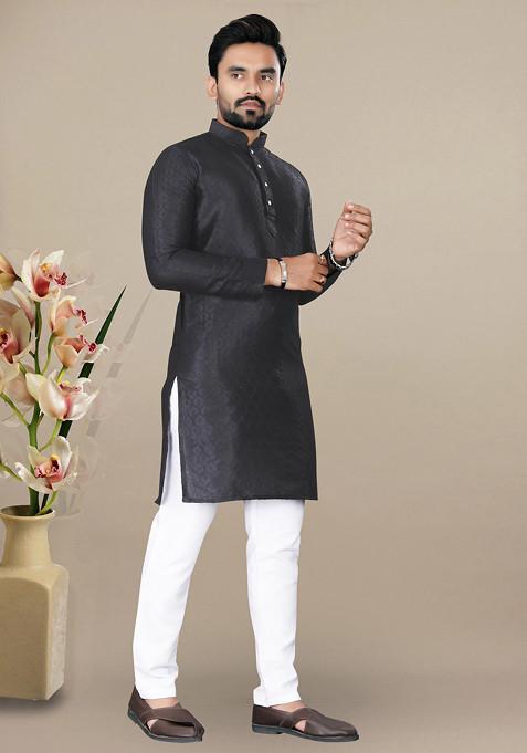 Black Embroidered Jacquard Kurta Set For Men