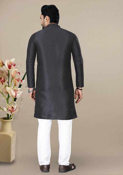 Black Embroidered Jacquard Kurta Set For Men