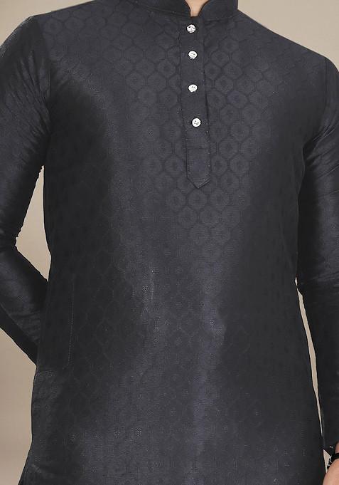 Black Embroidered Jacquard Kurta Set For Men