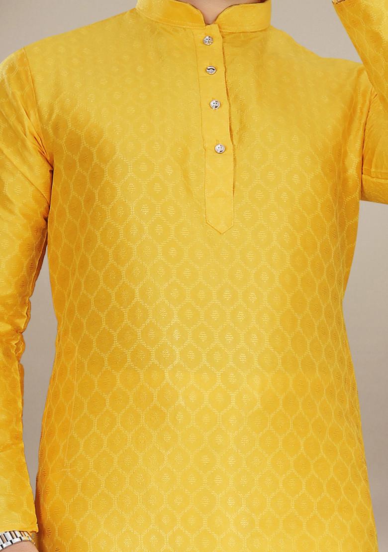 Yellow Embroidered Jacquard Kurta Set For Men